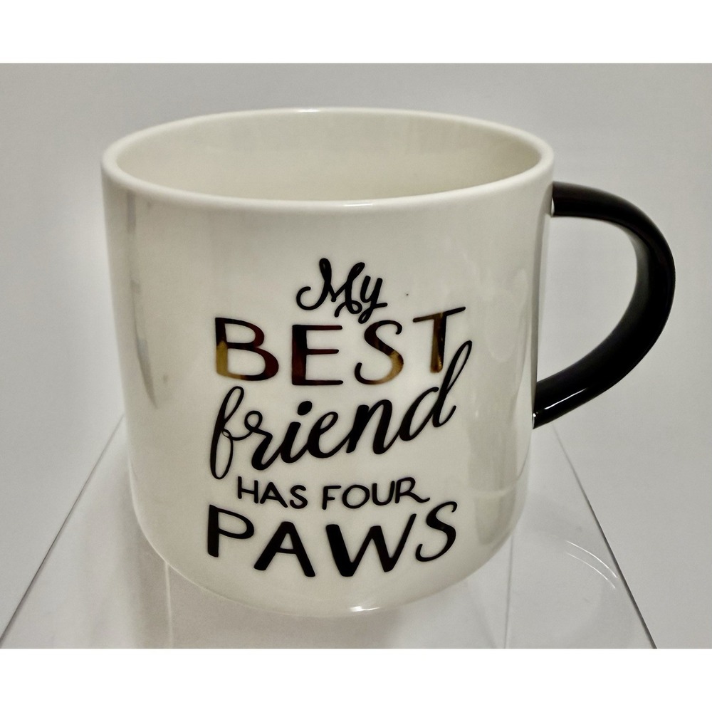 My Best Friend Has Four Paws Porcelain Coffee Mug White Black Gold Pet Lover Cup
